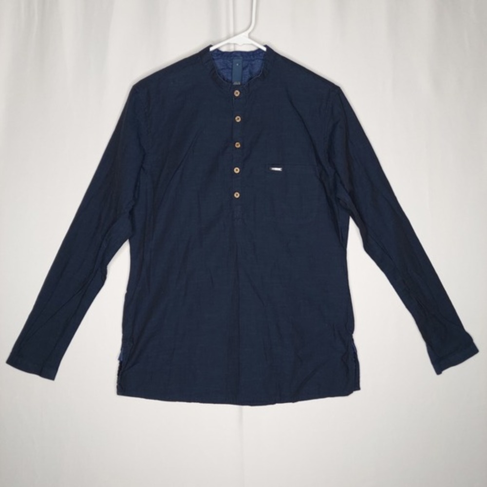Peter‎ England 1/4 Button Shirt Mens 38 Navy Cotton Long Sleeve Mandarin Boho